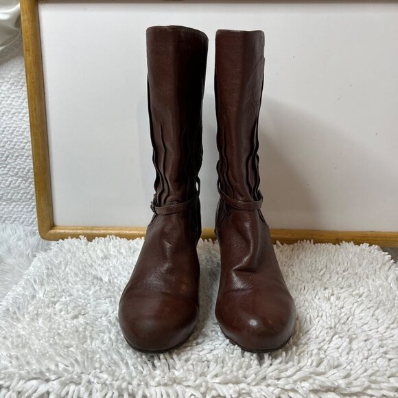 Frye Lisa Slouchy Pleated Pull On Leather Heeled Boots Mid Calf Brown Size 6‎ - Picture 5 of 16